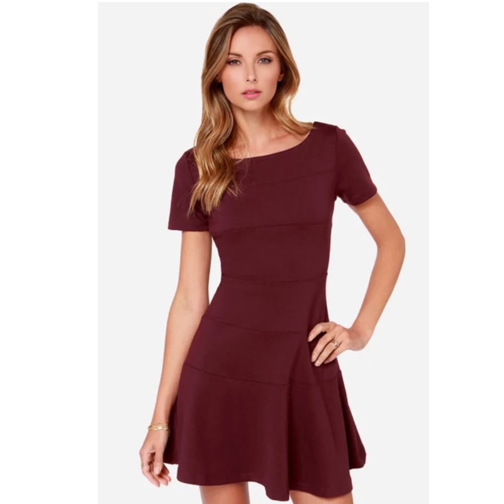 Lulus Black Swan Wind Burgundy Fit and Flare Dress